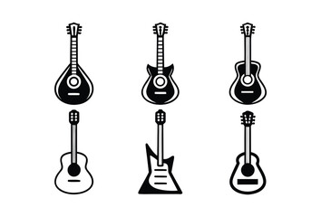 Collection of six different guitar silhouettes in a clean black and white illustration style