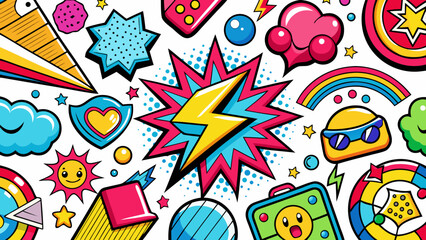 Bright Pop Art Comic Style Icons with Lightning Bolt and Rainbow on White Background