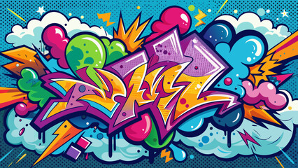 Vibrant Graffiti Art with Bold Letters and Explosive Shapes on Textured Background
