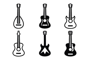 Collection of six different acoustic and electric guitar silhouettes in black and white