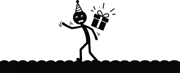 Birthday Celebration, Stickman with Gift, Festive Environment, Vector Illustration, Joyful Scene, Playful Perspective, Fun Concept