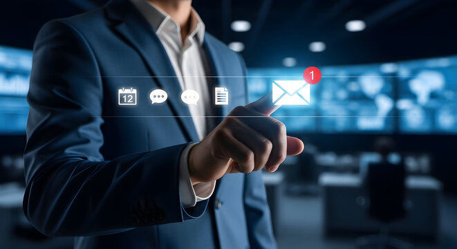 Businessman in a suit using a digital device with illuminated icons, possibly in a control center or monitoring environment, showcasing modern communication and tech. - Powered by Adobe