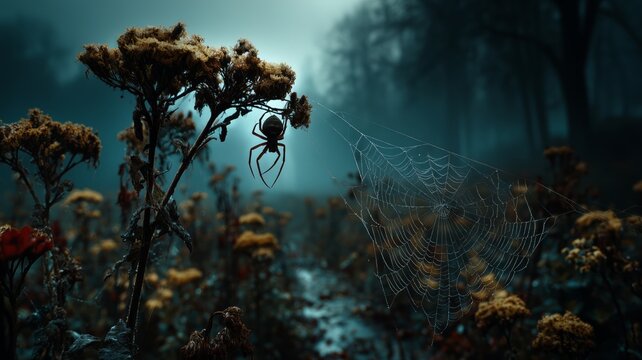 A foggy forest path is lined with spiderwebs and dried flowers, creating a mysterious and eerie atmosphere. The muted colors and mist evoke solitude and nature’s quiet beauty.