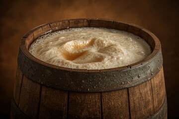 Craft Beer Refreshment: Traditional Wood Barrel Brew with Foam Head and Pint in Rural Brewery Setting for Socializing and Cheers