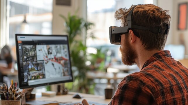 Person wearing vr headset looking at a computer screen.