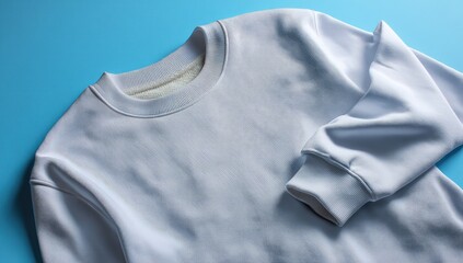 High-quality mockup of a white sweatshirt on a blue background, close-up, high-resolution, ultra-realistic photography.