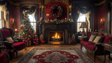 Obraz premium a traditional Victorian living room decorated for Christmas, ornate fireplace, deep red and gold color scheme