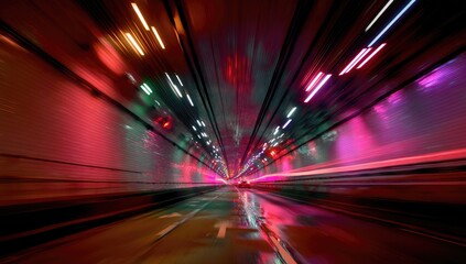 High-speed motion blur of light streaks in a tunnel with colorful walls.