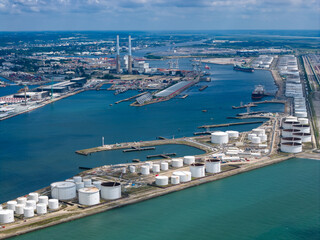 Aerial view of Industrial Shipping on Oil and Gas Refinery port in Le Havre France	
