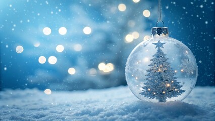 A beautiful christmas ornament with a christmas tree inside, hanging over snow with bokeh lights in the background for a festive season