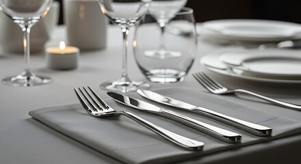 Elegant Silver Cutlery Place Setting on Gray Napkin with Crystal Glasses and Candle