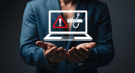 Hands holding a laptop displaying a phishing scam alert, symbolizing cybersecurity threats, online fraud, and internet safety concerns for data protection.