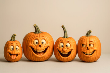 Funny carved pumpkin family with expressive cartoon-style faces lined up in a row, featuring silly smiles, goofy eyes, and playful expressions, perfect for Halloween decoration, autumn celebrations