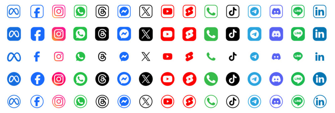 Collection of colorful social media icons including Facebook, Instagram, WhatsApp, TikTok, YouTube, Discord, Telegram, LinkedIn, Meta, Twitter/X, Pinterest, Snapchat, Messenger, and Line.