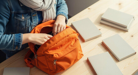 Student packing bright orange backpack with books on desk, ready for learning and new adventures