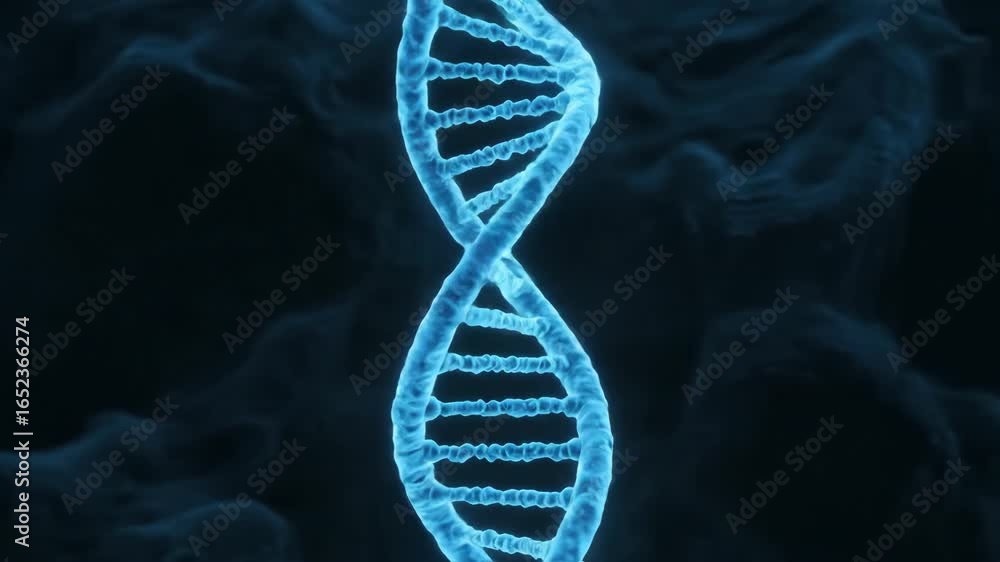 Poster glowing dna strand rotating in dark space - a digitally video 3d animation of a dna double helix slo