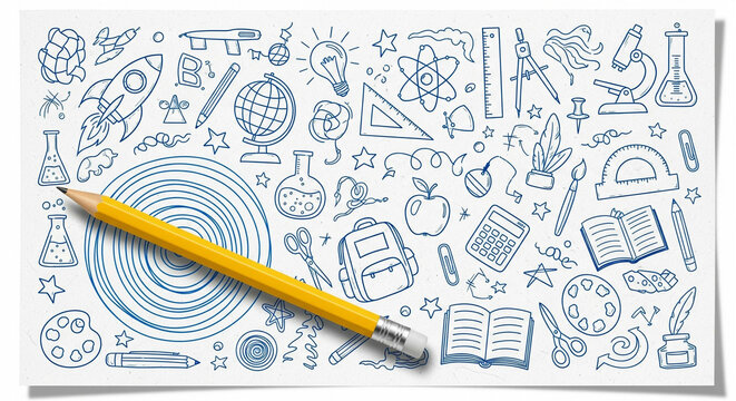 Inspiring school supplies and learning doodles surround a bright yellow pencil, sparking creativity and education.