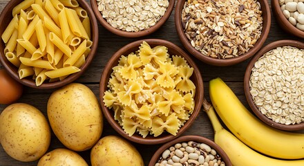 Healthy Carbohydrate Foods Displayed in Bowls on Rustic Wooden Tabletop