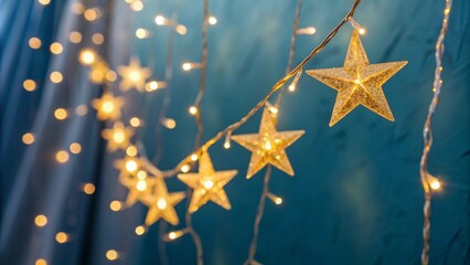 Golden christmas star lights decoration hanging on blue background creating a festive and magical atmosphere for holiday season celebration