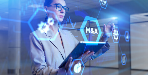 Mergers and acquisitions business concept. Woman using augmented reality virtual screen.