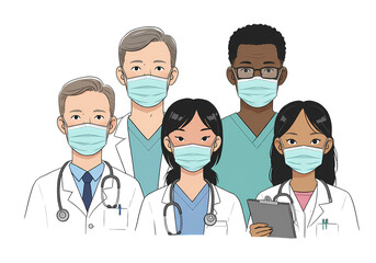 Diverse Team of Medical Professionals Wearing Face Masks Illustration isolated on transparent background