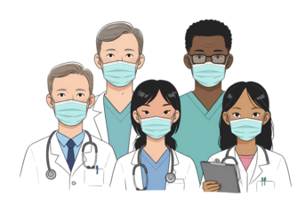 Diverse Team of Medical Professionals Wearing Face Masks Illustration isolated on transparent background