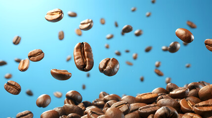 Obraz premium Floating coffee beans create a dynamic visual against a blue background showcasing their rich texture and color