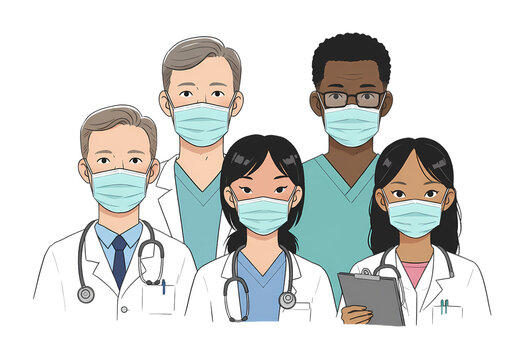 Diverse Team of Medical Professionals Wearing Face Masks Illustration isolated on transparent background