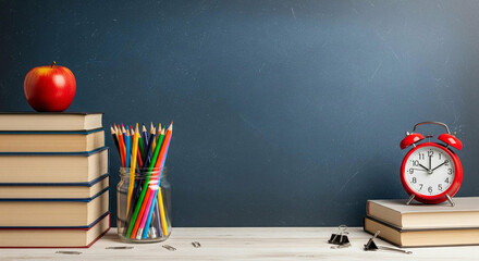 Start learning today with this classic school setup, featuring books, pencils, an apple, and a vintage alarm clock.