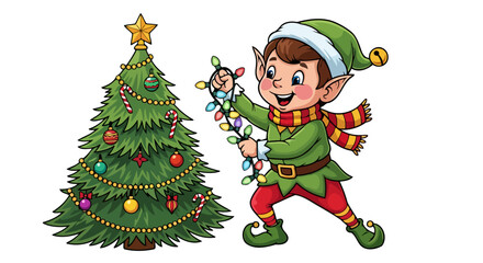 cheerful elf decorating christmas tree transparent background vector illustration