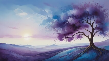 landscape with trees and clouds purple background