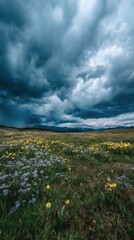 Dark clouds loom over a vibrant flower field