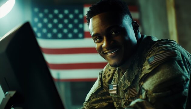 Military Personnel Using Computer At Night With Flag In Background - Powered by Adobe