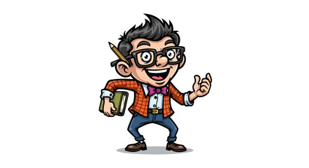 happy nerd boy with book transparent background vector illustration
