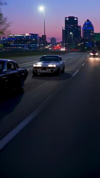 Dynamic Nighttime Street Racing Scene Featuring Classic Muscle Cars with a Vibrant City Skyline backdrop and Colorful Neon Lights