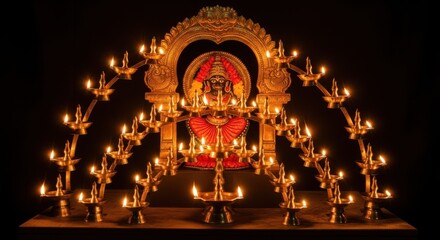 Obraz premium Golden Archway Illuminates Sacred Deity Surrounded by Many Lamps