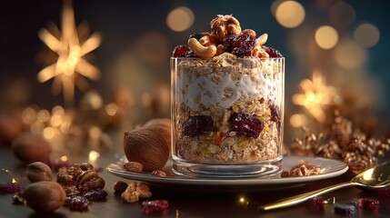 Festive Christmas Oatmeal Parfait With Dried Fruit And Nuts