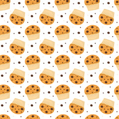 Seamless pattern with chocolate muffin. Seamless design featuring tasty snack