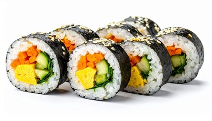 Korean food gimbap. Korean-style nori roll, which is rolled with rice mixed with sesame oil, salt, and other ingredients on top of nori.