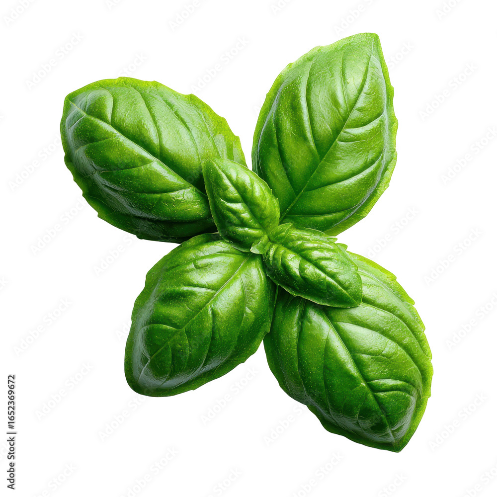 Poster green basil leaves arranged in a cluster on a white surface, showcasing their vibrant color and smoo