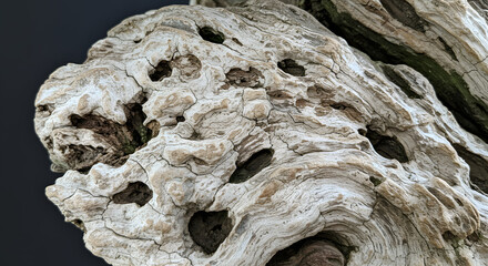 Close-up of detailed weathered wood with organic holes and grooves, showcasing natural texture and abstract patterns