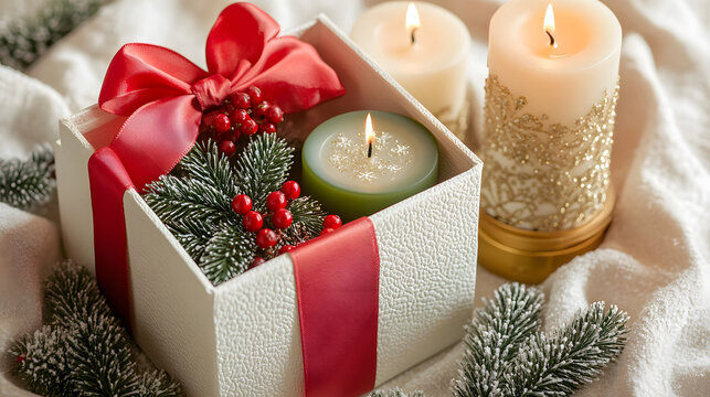 Christmas candle gift box with red ribbon, evergreen sprig, and festive decorations