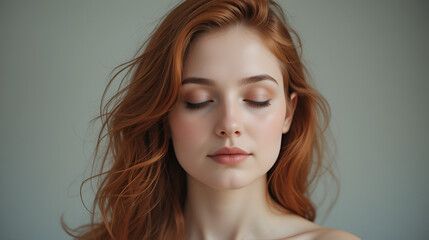 Naklejka premium Woman with red hair and closed eyes in calm portrait with soft lighting and neutral background.