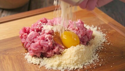 Mixing meat, egg, and breadcrumbs on a wooden board