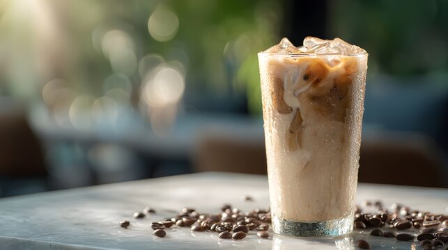 iced latte swirling cream mixing marble café table coffee beans