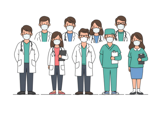 Diverse Team of Medical Professionals Doctors Nurses and Healthcare Workers in PPE isolated on transparent background