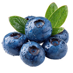 Fresh blueberries with droplets on leaves, captured in natural light, showcasing vibrant colors and healthy appearance
