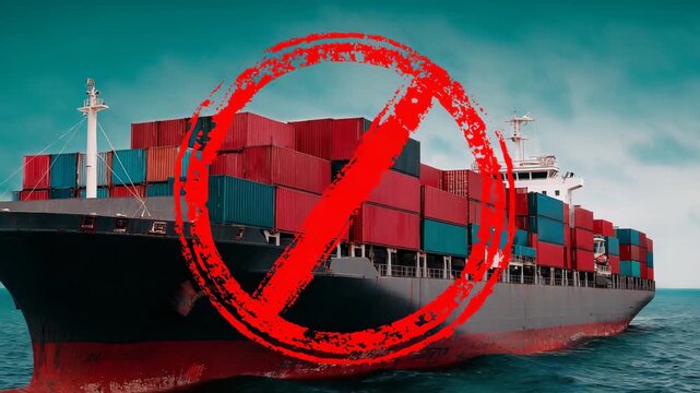 A large ship with a red circle and a red line through it. The ship is in the ocean. Clean minimal infographic with cargo icon and large red export ban stamp overlay, editorial graphic style