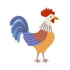 Colorful cute rooster illustration, isolated on a white background. Simple flat doodle design, hand drawn. Farm animal rooster icon