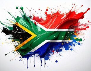 The South African flag bursts with vibrant paint splashes, creating a lively, abstract effect. The colorful design celebrates national identity and energy.